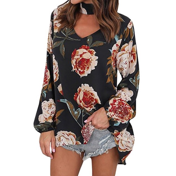 Floral Long Sleeve Choker Neck Tunic Top Shirt - Picture 4 of 4